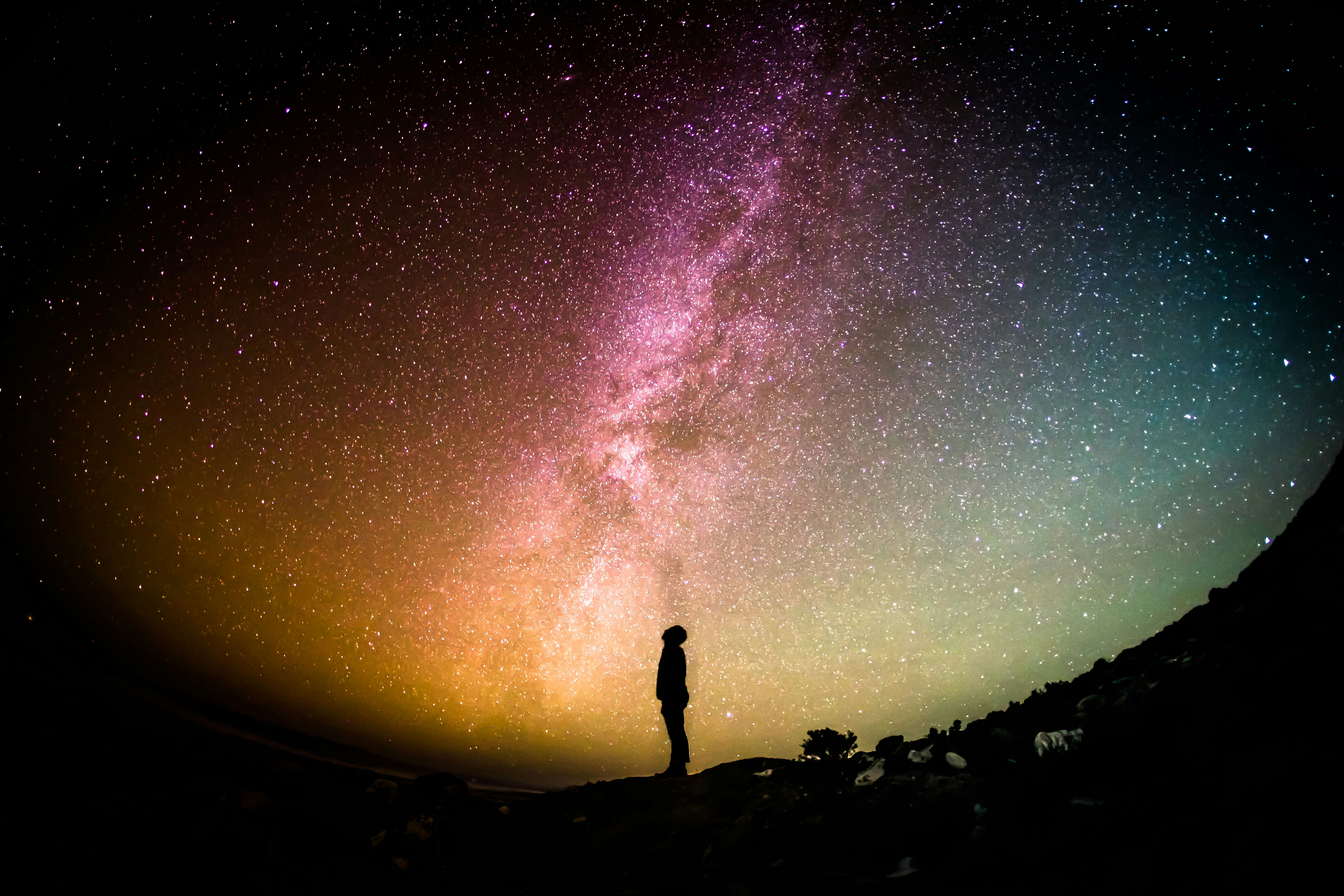 Photograph of person looking up at the night sky.